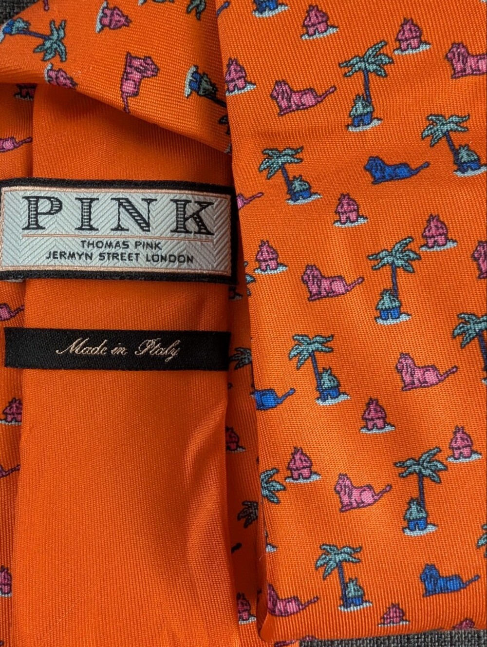 Thomas Pink Orange Tie with Pink and Blue Novelty Motifs Lion Palm Tree